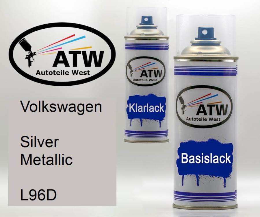 Volkswagen, Silver Metallic, L96D: 400ml Sprühdose + 400ml Klarlack - Set, von ATW Autoteile West.